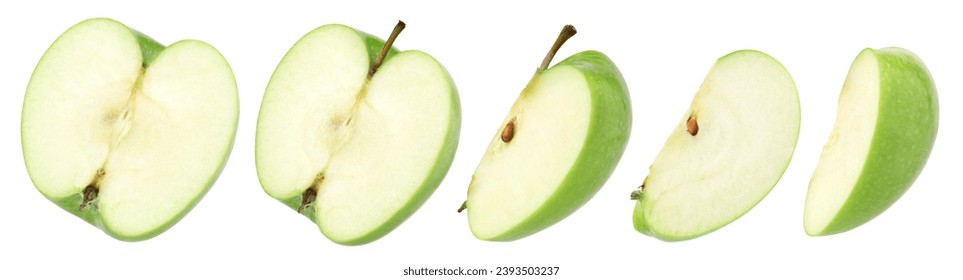 green apple (granny smith apple), half and slice isolated on a white background, fresh green apple fruit, cut-out