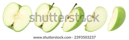 green apple (granny smith apple), half and slice isolated on a white background, fresh green apple fruit, cut-out