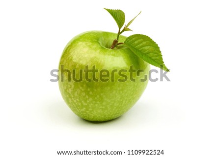 Green apple granny smith with leaf, isolated on white background.