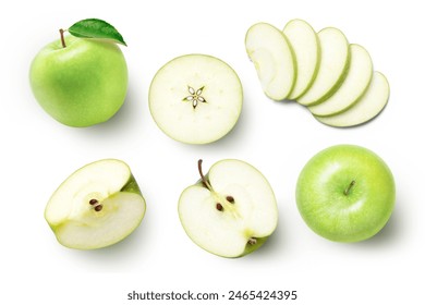 Green apple with half slice isolated on white background, top view, flat lay.
