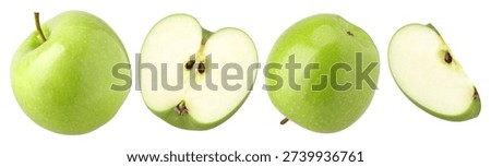 green apple, half and slice isolated on a white background, fresh green apple fruit, clipping path, organic