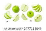 Green apple has water drop with slices collection isolated on white background. Clipping path.