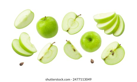 Green apple has water drop with slices collection isolated on white background. Clipping path. - Powered by Shutterstock