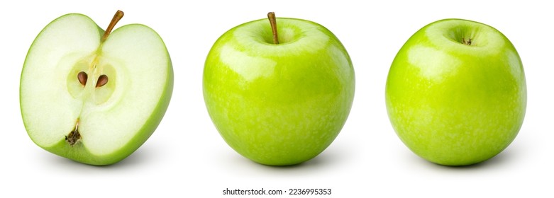 Green apple isolated. Apples on white background. Green apple collection. Set with clipping path. Full depth of field.