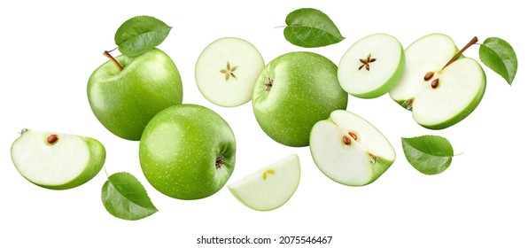 Green Apple isolated on white background. Flying Apple with leaf. Full depth of field with clipping path