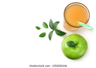 Green Apple With Apple Juice Isolated On White Background. Top View