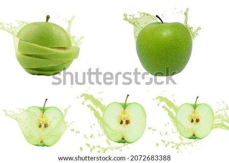green apple with juice on white background.water splash.