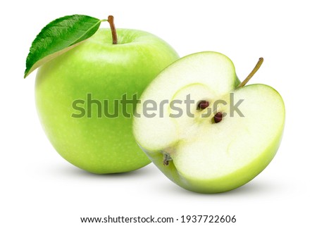 Green apple with green leaf and cut in half slice isolated on white background.