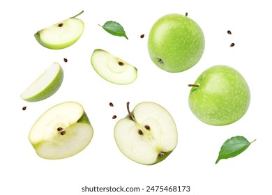 Green apple with green leaf and half slice flying in the air isolated on white background. - Powered by Shutterstock