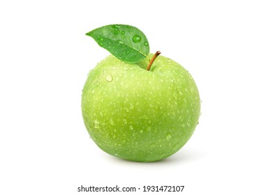 Green Apple with leaf and water droplets  isolated on white background.