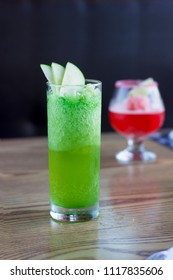 Green Apple Mocktail Non Alcoholic On Wooden Table