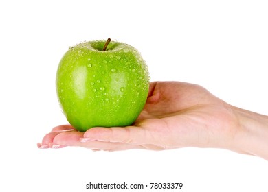 Green Apple On Hand Isolated On White