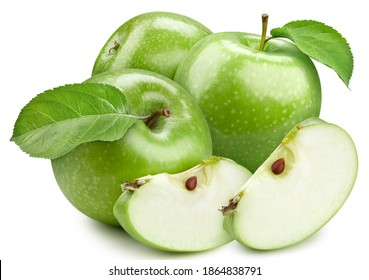 Green apple. Apple organic with leaves isolated on white background. Apple with clipping path