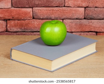 A green apple placed on a closed gray hardcover book against brick background - Powered by Shutterstock