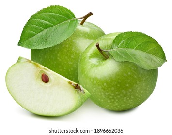 Green apple and slice. Fresh organic apple with leaves isolated on white background. Apple with clipping path