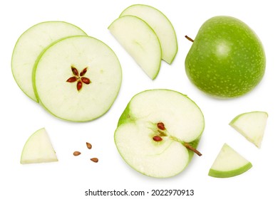 Green Apple With Slices Isolated On A White Background. Top View. Clipping Path