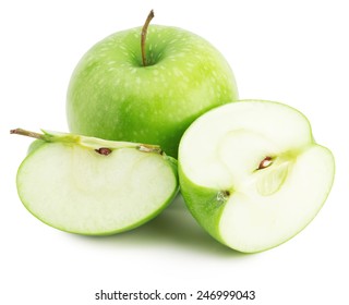 green apple with slices isolated on the white background