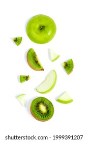 Green apple, apple slices and kiwi slices isolated on white background - Shutterstock ID 1999391207