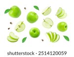 Green apple with slices and green leaf pattern isolated on white background ,Group flying apple movement. Clipping path.