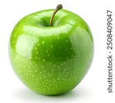 A green apple that features a stem placed on a white background