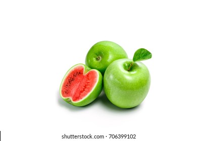Green apple watermelon on white background, isolate. A product of genetic engineering, genetically modified fruit. Image computer collage.. The concept of GMF, not that it seems, a surprise. - Shutterstock ID 706399102