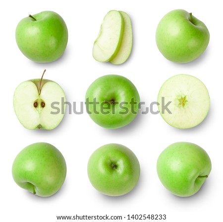 Green apples, apple half, apple slices isolated on white background. Top view. Collection.