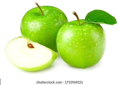green apples with slices and green leaves isolated on white background