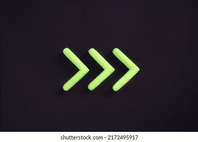Green arrows pointing right side. 3D mockup, pointer sign pointing direction on black background. Right way concept. - Shutterstock ID 2172495917