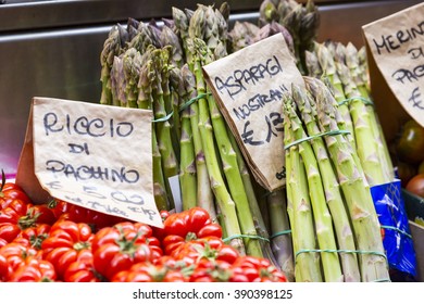 Green Asparagus On Mediterranean Market Stand, Bologna, Italy.