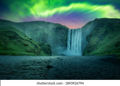Green aurora light behind famous Skogafoss waterfall on Skoga river. Iceland, Europe. Courtesy of NASA. Photo collage