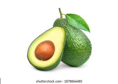 Green Avocado With Cut In Half And Leaf Isolated On White Background. Clipping Path.