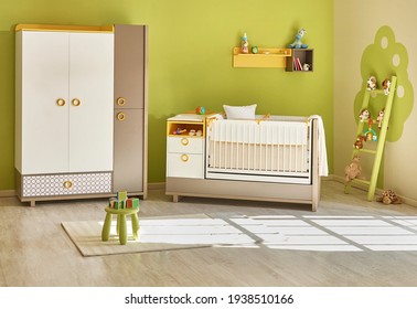 Green baby room with bed and cabinet style, hanger toy carpet style.