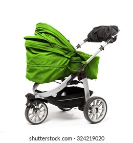 Green Baby Stroller Isolated On White