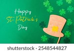 Green background with a hat and shamrock on it. The hat is on top of the shamrock, creating a festive and celebratory atmosphere