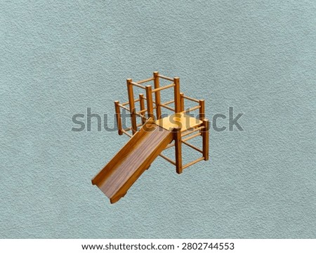 The green background in the image is a sturdy, brown wooden slide that can be disassembled into pieces. It's a toy slide for young children to play on in parks or gardens.