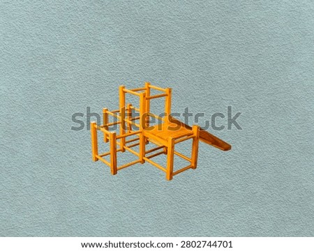 The green background in the image is a sturdy, brown wooden slide that can be disassembled into pieces. It's a toy slide for young children to play on in parks or gardens.