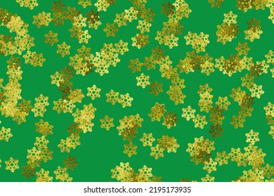 Green background pattern with random gold snowflakes