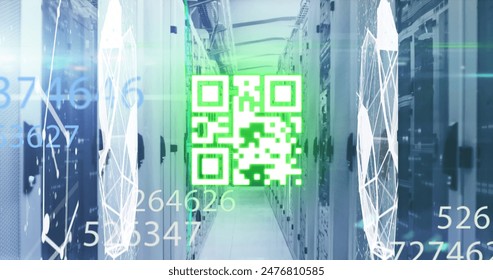 Green background QR code floating in front of server racks in data center. Bright lights and digital overlays creating a futuristic atmosphere with advanced technology - Powered by Shutterstock