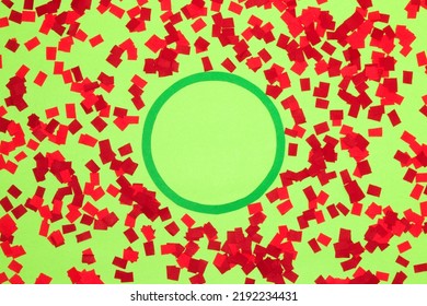 Green Background With Red Chopped Paper And Green Circle As Copy Space, Creative Art Design