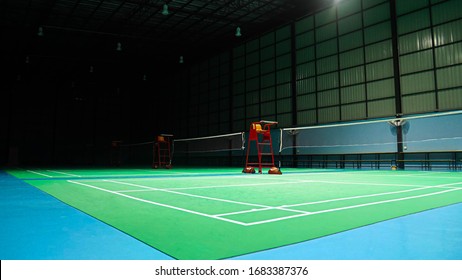 The Green Badminton Court Used In Competition And Exercise For Being Polite And Good.