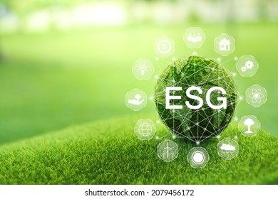 Green ball that writes the word ESG with ESG icon concept for environmental, social, and governance in sustainable and ethical business on the Network connection on a green background.