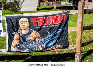 Green Bank, USA - October 6, 2020: West Virginia Countryside Rural Area And Banner Sign For Trump Political Election With Funny Picture Meme Of Rambo