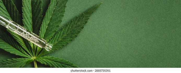 Green Banner With Pipette With Cannabis Extract.