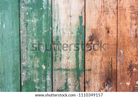 Green Barn Wooden Wall Paneling Wide Texture. Old Solid Wood Slats Rustic Shabby Horizontal Background. Paint Peeled Grunge Weathered Isolated Surface. Faded Natural Wood Boards.