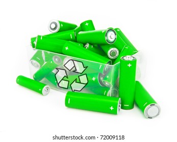 Green Batteries With Recycling Symbol In Box On White