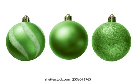 Green baubles for Christmas tree decoration on white background with clipping path - Powered by Shutterstock