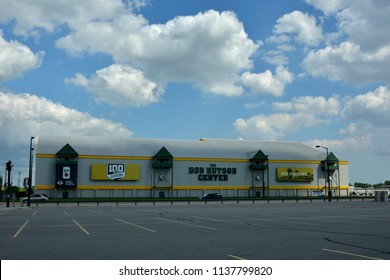 Green Bay, Wisconsin / USA - July 18, 2018: The Don Hutson Center In The Distance With A Cloudy Blue Sky.   