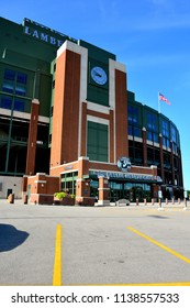 Green Bay, Wisconsin / USA - July 19, 2018: The main entrance at Lambeau Field is known as the Bellin Healthcare gate.  The vertical view fills the frame. 