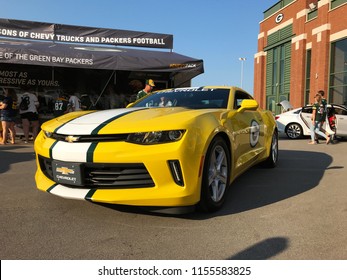 Green Bay, Wisconsin/USA. August 9th, 2018. Green Bay Packers themed Chevrolet Camaro in the parking lot of Lambeau Field on game day.