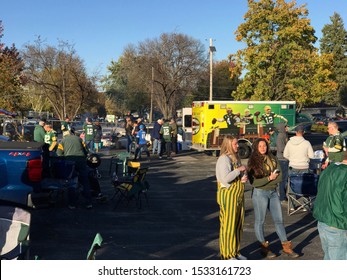 Green Bay, Wisconsin/USA. October 14, 2019. The Parking Lot Outside Lambeau Field On The Day Of A Packers Game. Fans Tailgate Before The Game.